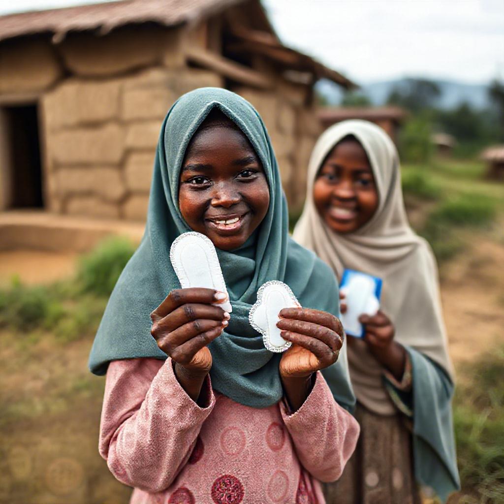 Two girls in headscarves hold sanitary pads, illustrating the Padher Campaign on menstrual hygiene management